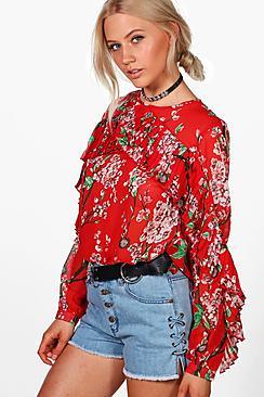 Boohoo Alice Ruffle Sleeve Floral Blouse
