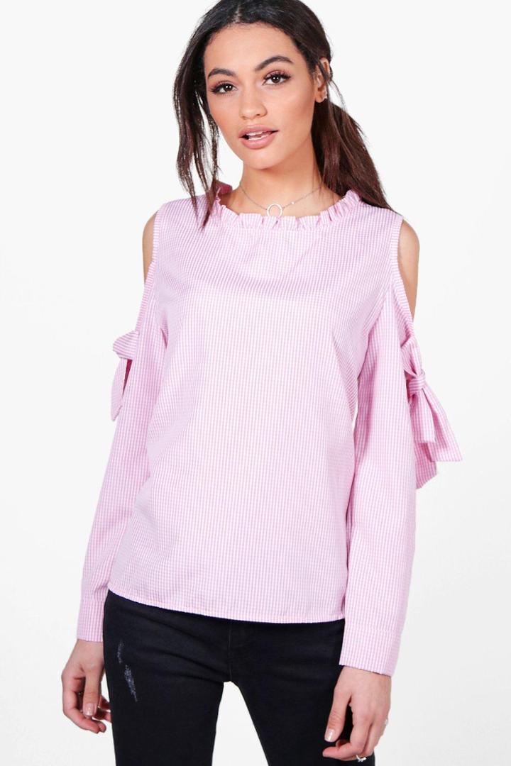 Boohoo Isla Gingham Cold Shoulder Woven Tie Sleeve Top Pink