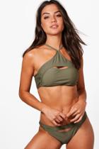 Boohoo Majorca Keyhole Cut Out Cross Back Bikini Khaki