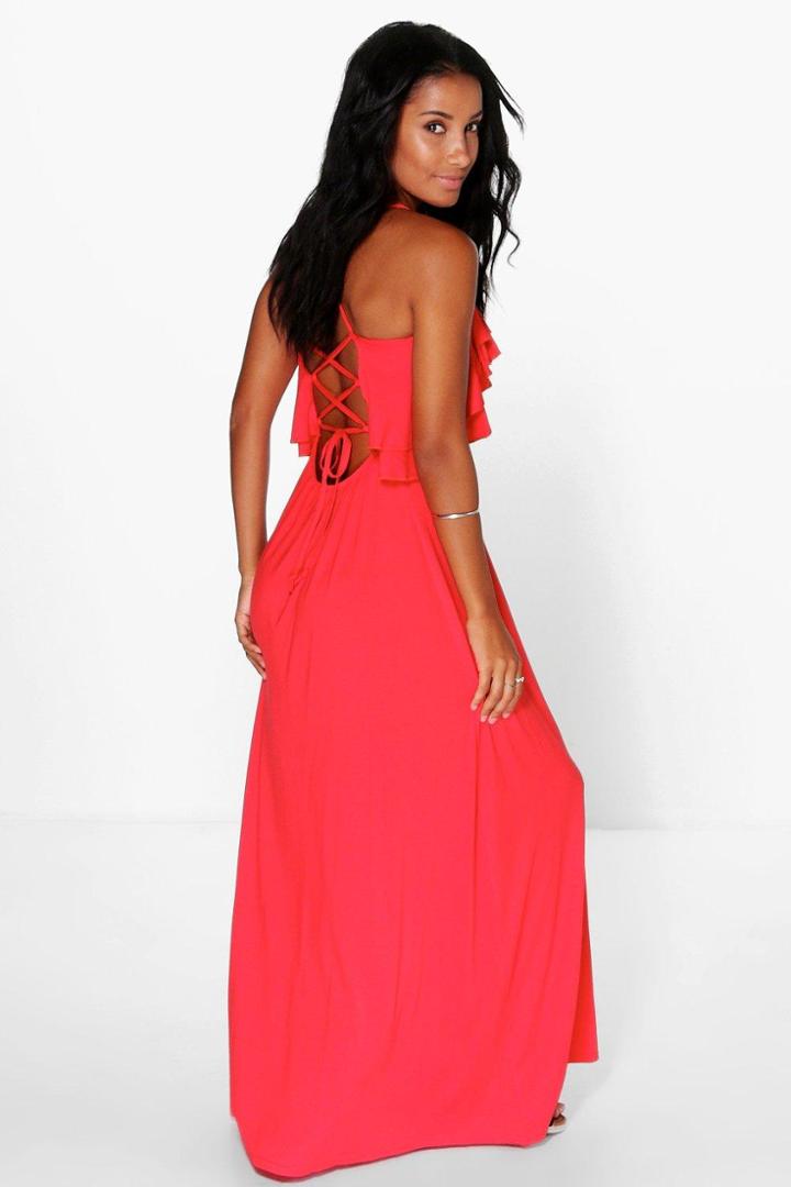 Boohoo Sally Ruffle Lace Up Back Maxi Dress Poppy