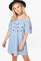 Boohoo Claire Embroidered Off Shoulder Shift Dress