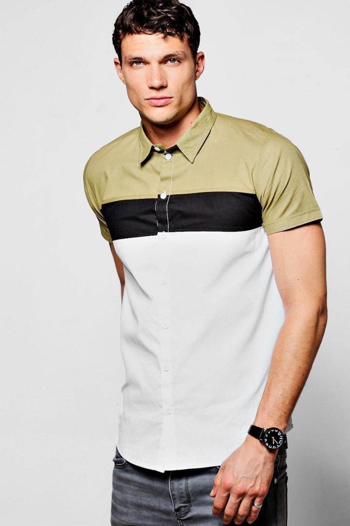 Boohoo Colour Block Chest Panel Short Sleeve Shirt Khaki