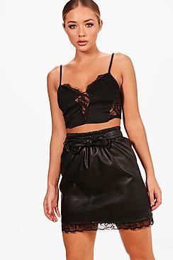 Boohoo Megan Lace Trim Vegan Leather Skirt