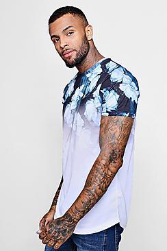 Boohoo Longline Curved Hem Faded Floral Slogan Tee
