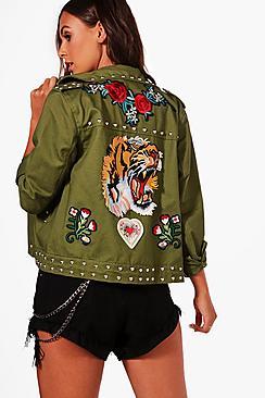 Boohoo Petite Megan Embroidered Studded Trucker Jacket