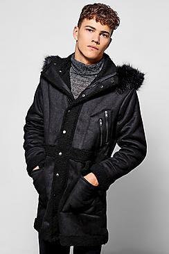Boohoo Luxe Black Suedette Parka With Faux Fur