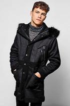 Boohoo Luxe Black Suedette Parka With Faux Fur