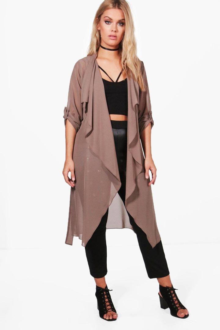 Boohoo Plus Isabelle Waterfall Chiffon Duster Mocha