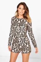 Boohoo Eve Glitter Velvet Flocked Long Sleeve Playsuit Black