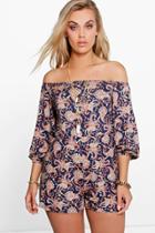 Boohoo Plus Zoey Paisley Print Off The Shoulder Playsuit Multi