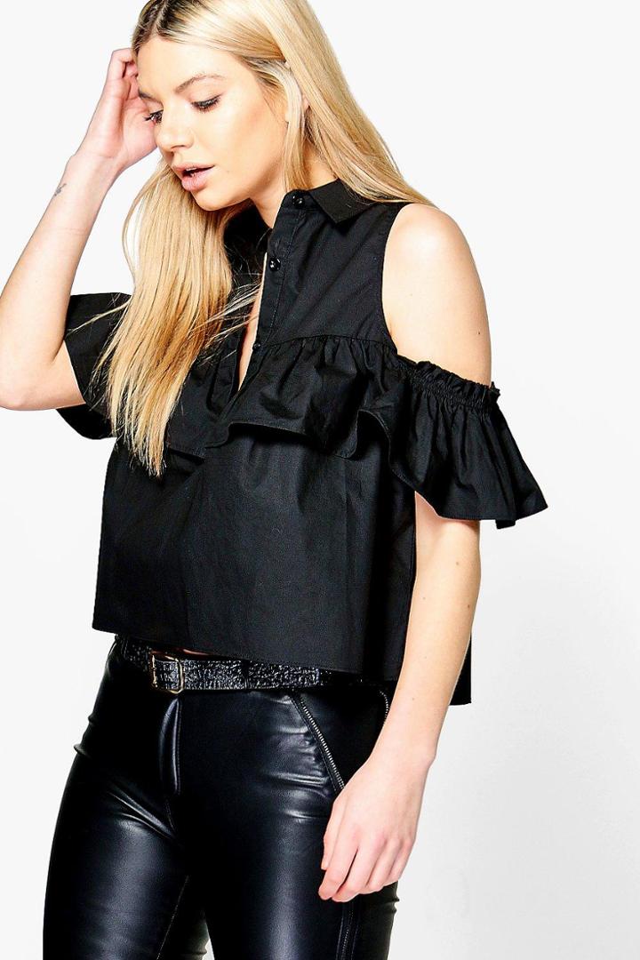 Boohoo Lizzy Cold Shoulder Ruffle Shirt Black