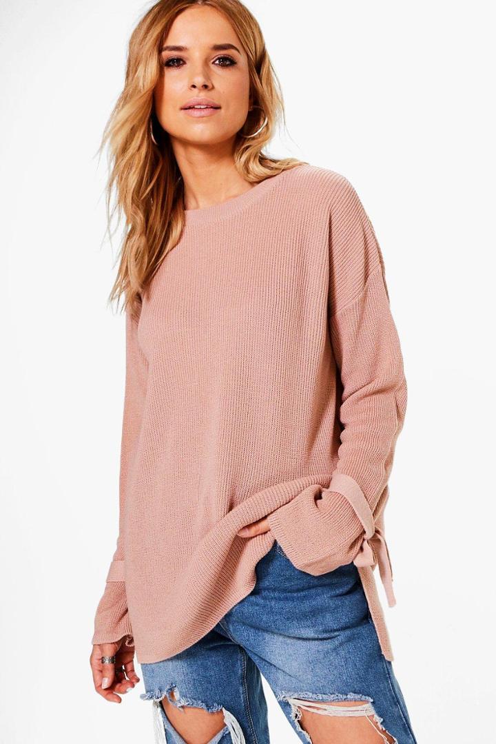 Boohoo Lexi Tie Cuff Oversized Jumper Nude