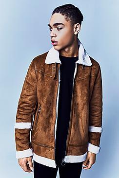 Boohoo Premium Borg Lined Suedette Aviator Jacket