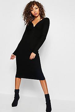 Boohoo Rib Knit Twist Front Midi Dress