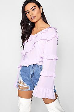 Boohoo Slash Neck Ruffle Sleeve Blouse