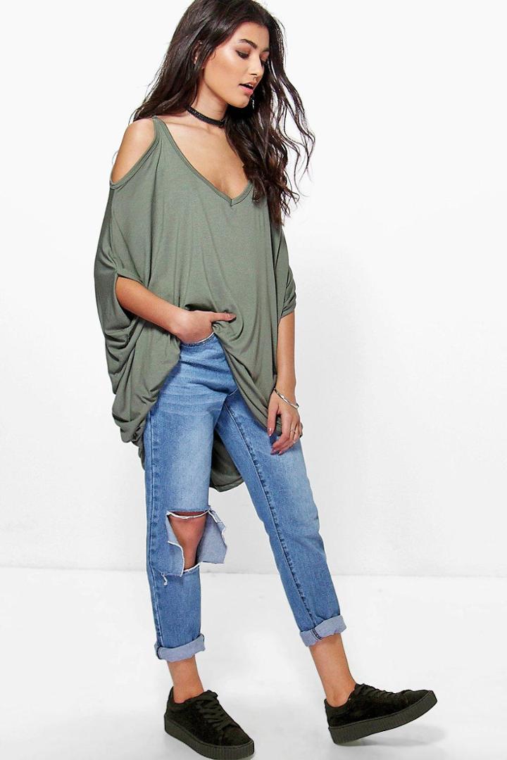 Boohoo Lexi Cold Shoulder Tunic Top Khaki