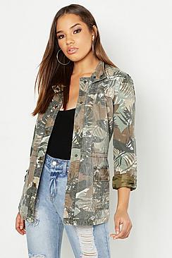 Boohoo Palm Leaf Print Camo Utility Jacket