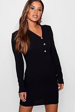 Boohoo Petite Lucy Button Front Rib Bodycon Dress