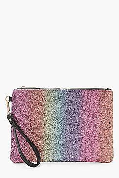 Boohoo Julia Rainbow Glitter Ziptop Clutch