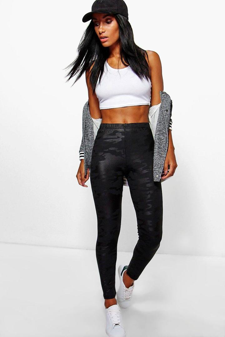 Boohoo Adara Wet Look Camo Leggings Black