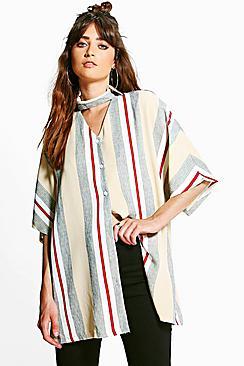 Boohoo Lola Striped Choker Detail Shirt