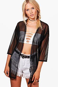 Boohoo Meg Belted Mesh Kimono With Pom Pom Trim