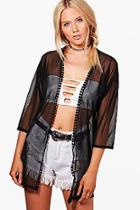 Boohoo Meg Belted Mesh Kimono With Pom Pom Trim