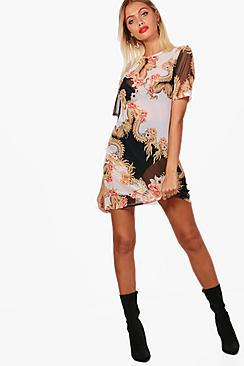 Boohoo Jazmine Oriental Print Mesh T-shirt Dress
