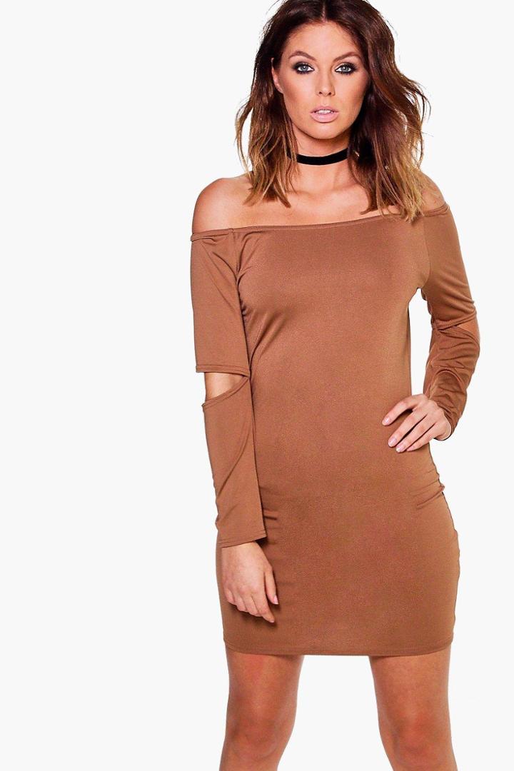 Boohoo Em Slinky Off Shoulder Slit Sleeve Bodycon Dress Tan