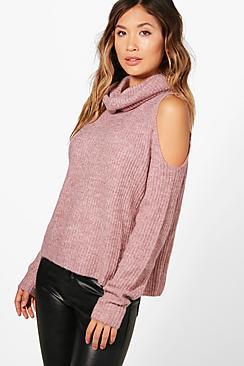 Boohoo Millie Supersoft Roll Neck Cold Shoulder Jumper