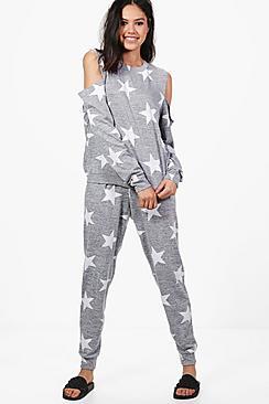 Boohoo Rebecca Star Printed Cold Shoulder Jogger Set