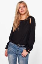 Boohoo Rose Woven Cut Out Tie Sleeve Blouse Black