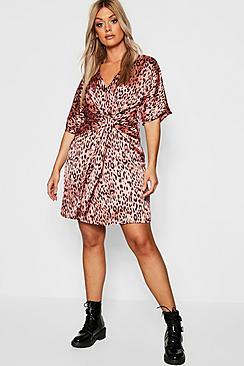 Boohoo Plus Leopard Tie Front Shift Dress