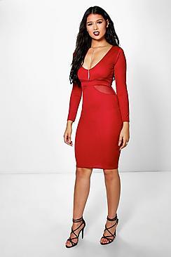 Boohoo Yasmin Long Sleeve Mesh Midi Dress