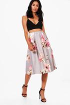 Boohoo Callie Floral Box Pleat Midi Skirt Grey