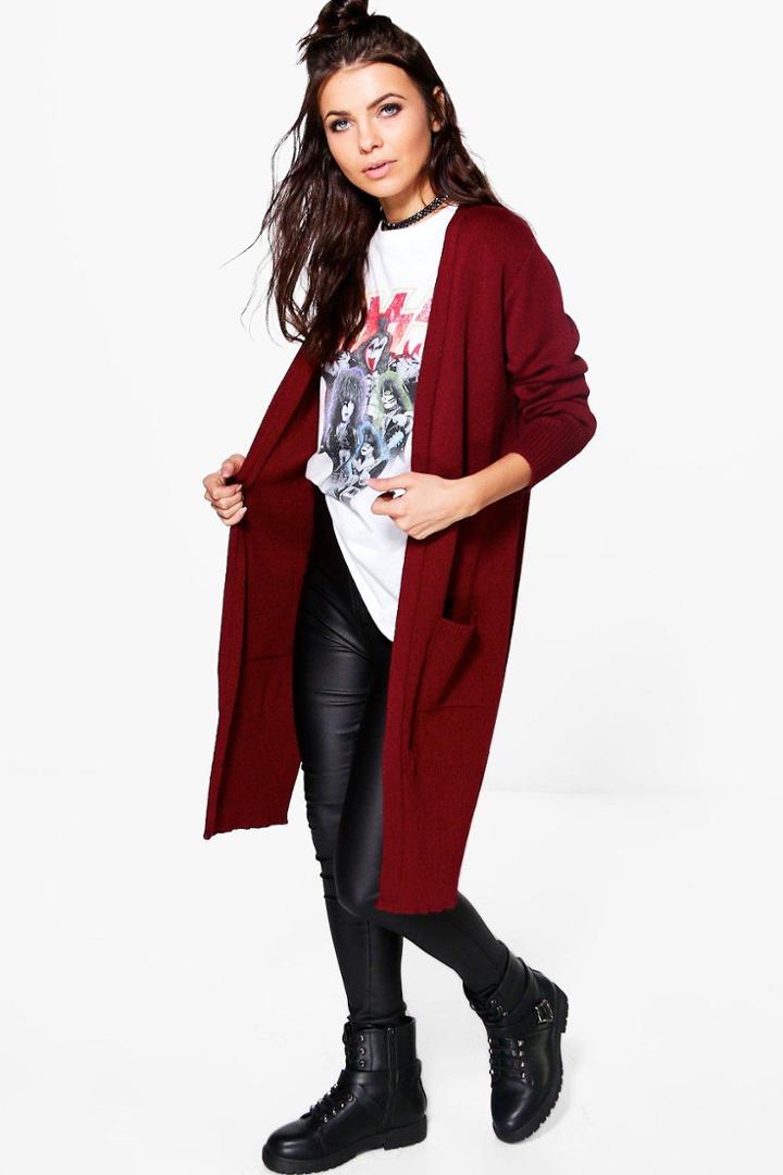 Boohoo Lottie Rib Cuff Longline Pocket Cardigan Wine