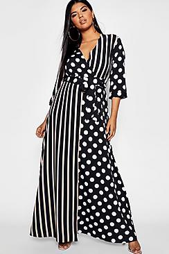 Boohoo Plus Polka Dot + Stripe Maxi Shirt Dress