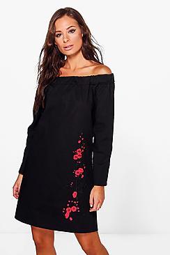 Boohoo Freida Long Sleeve Off Shoulder Shift Dress