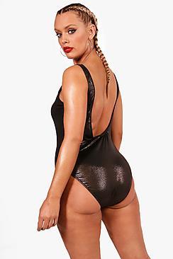 Boohoo Plus Cassie Scoop Back Wet Look Swimsuit