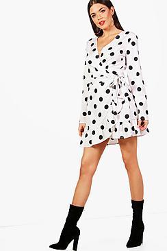 Boohoo Morine Large Spot Ruffle Wrap Tea Dress