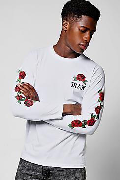 Boohoo Long Sleeve Man Rose Print T-shirt