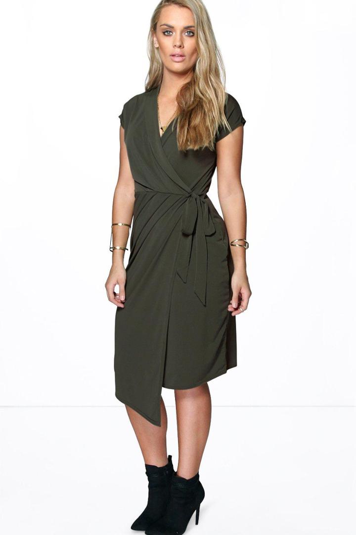 Boohoo Plus Nicole Wrap Front Midi Dress Khaki