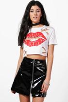 Boohoo Alexia Kiss Print Distressed Safety Pin Crop White