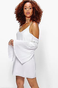 Boohoo Sato Open Shoulder Trim Sleeve Swing Dress