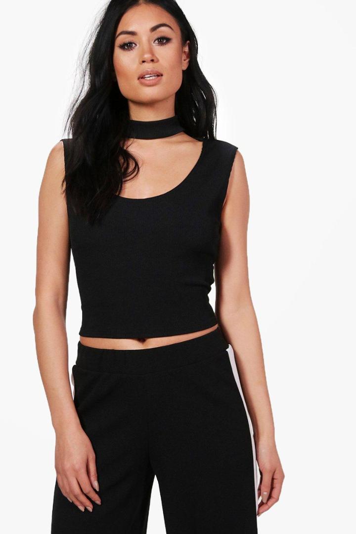 Boohoo Amber Choker Sleeveless Rib Crop Black