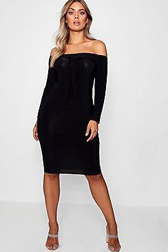 Boohoo Plus Cara Tie Front Off The Shoulder Dress