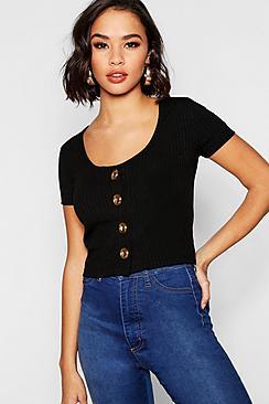 Boohoo Gold Button Ribbed Knit Top