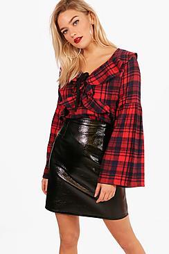 Boohoo Claudia Checked Ruffle Front Blouse