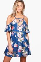 Boohoo Lola Floral Strappy Cold Shoulder Skater Dress Navy