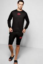 Boohoo Hate Embrodered Sweat Short Set Black